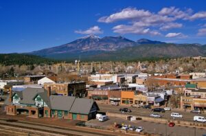 Historic downtown area of Flagstaff along Route 66, with San Francisco Peaks in distance, Flagstaff, Arizona, AGPix_0400